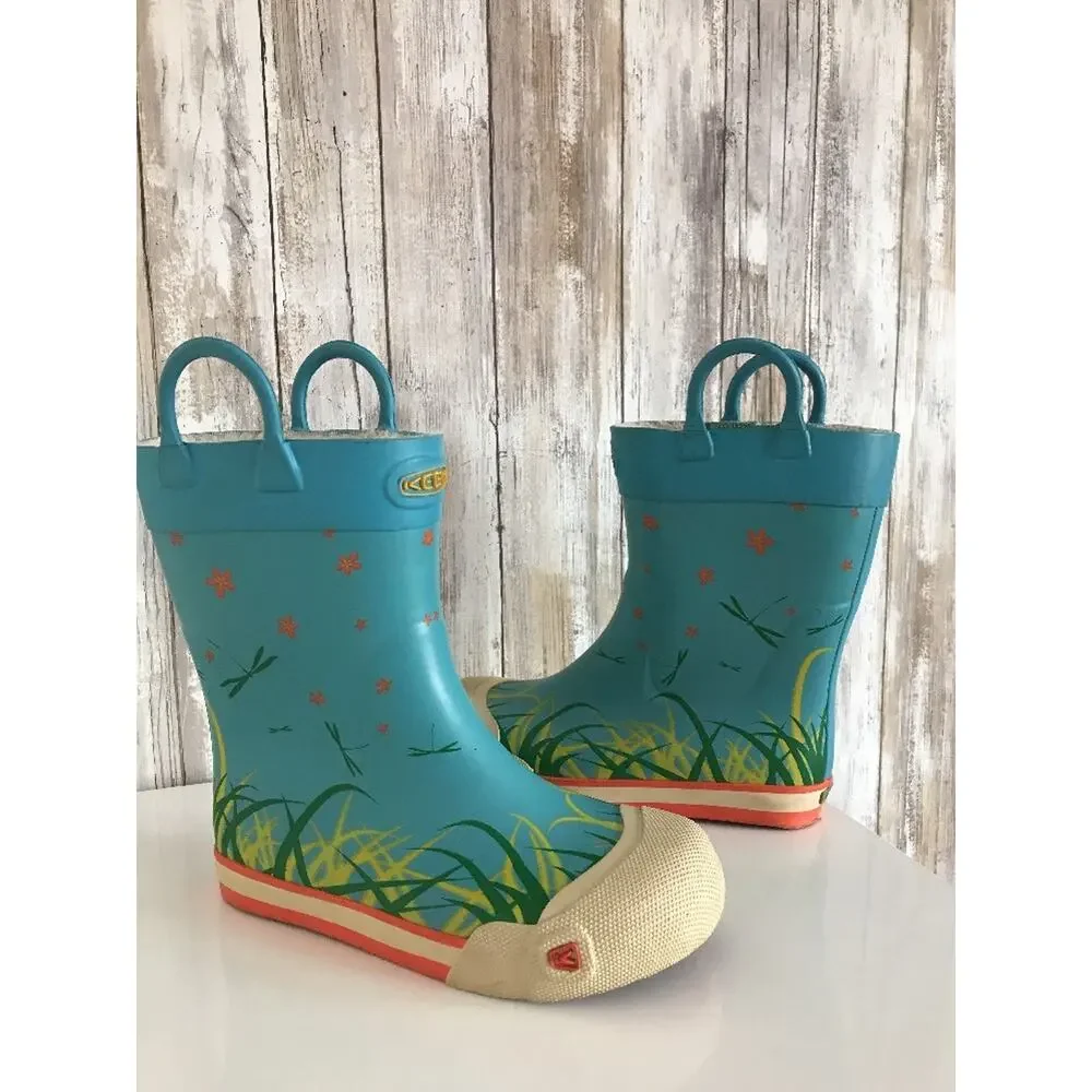 KEEN Coronado Blue Rain Boots Youth Kids 3 Rubber Mud Boots DragonFly Flower